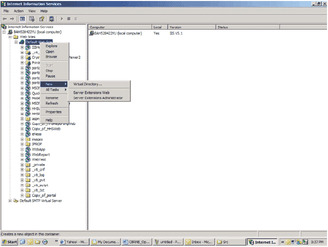 Screen shot shows a File Manager titled 'Internet Information Services.' The file management tree is opened to show a folder labeled 'Web sites' containing a highlighted item labeled 'Default Web Site'; from the menu beside 'Default Web Site,' the 'New' option and 'Virtual Directory' are selected.