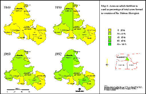 bfertmap1sm.gif - maps showing acres on which fertilizer is used as percentage of total acres farmed in counties of the Palouse bioregion in 1949, 1959, 1969, and 1992.