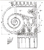 Detailed illustration of an Ionic capital showing measurements