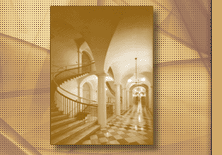 sepia toned image of a view down an interior corridor at the Treasury Building