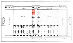Plan drawing indicating the location of the secretary's office in red