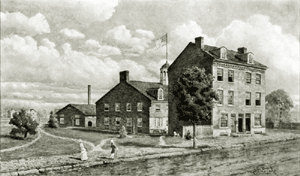 Historic print of the earliest U.S. Mint buildings in Philadelphia