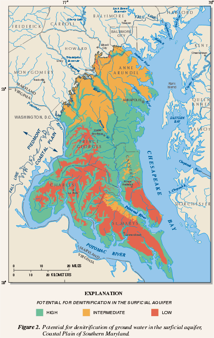 Figure 2. Potential for denitrification of ground water in the surficial aquifer, Coastal Plain of Southern Maryland. (Click to view larger image)