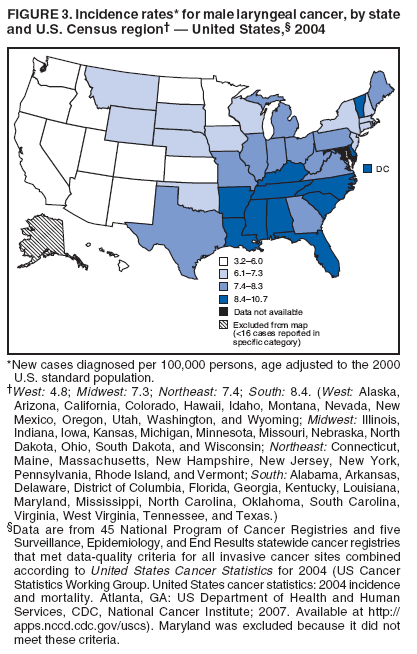 FIGURE 3. Incidence rates* for male laryngeal cancer, by state
and U.S. Census region† — United States,§ 2004