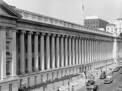 black and white photo of Treasury's east facade taken from a high point of view
