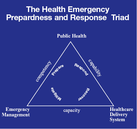 The Health Emergency Preparedness and Response Triad is a visual depiction of the New Jersey Health Emergency Preparedness and Response Program's strategic plan for addressing acute and chronic events likely to overwhelm the normal capacity of healthcare facilities. Go to Text Description [D] for more details.