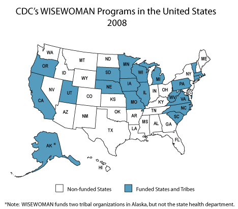 A map of the US showing WISEWOMAN program sites.  WW programs are found in Southcentral Foundation in Alaska, Southeast Alaska Regional Health Consortium, California, Connecticut, Illinois, Iowa, Massachusetts, Michigan, Minnesota, Missouri, Nebraska, North Carolina, Oregon, Pennsylvania, South Carolina, South Dakota, Utah, Vermont, Virginia, West Virginia, and Wisconsin.