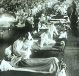 An emergency hospital at Camp Funston, Kansas, cared for large numbers of soldiers sickened by the 1918 flu. Photo.