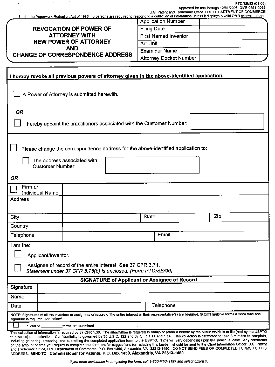 form pto/sb/82. revocation of power of attorney with new power of attorney and change of correspondence address