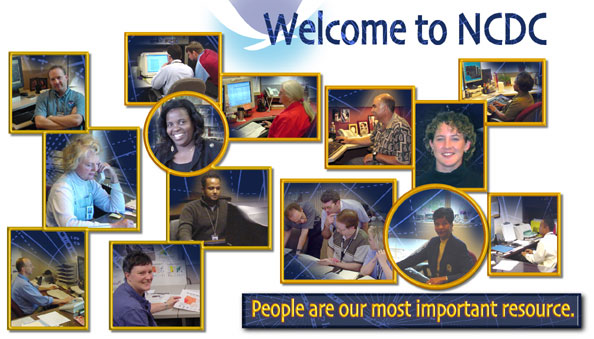 Collage of many faces and people who work for the National Climatic Data Center.  'People are our most important resource.'