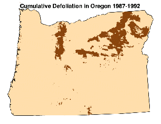 cumulative defoliation in Oregon from 1987 through 1992, showing extensive defoliation in northeast and northcentral Oregon 