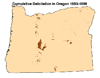 cumulative defoliation in Oregon from 1993 through 1998, showing  limited defoliation primarily in central Oregon 