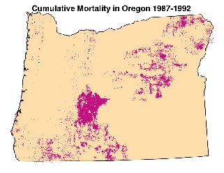 cumulative tree mortality in Oregon from 1987 to 1992; mortality was highest in southcentral Oregon 