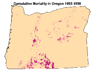  cumulative tree mortality in Oregon from 1993 to 1998; mortality was highest in centralcentral Oregon