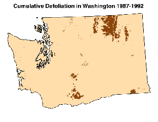 cumulative defoliation in Washinton from 1987 through 1992, showing extensive defoliation in northeast and southcentral Washington 
