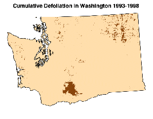 cumulative defoliation in Washington from 1993 through 1998, showing scattered defoliation in northeast WA and heavier defoliation in southcentral WA 