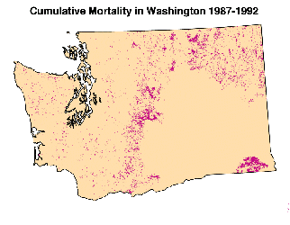 cumulative tree mortality in Washington from 1987 to 1992, showing scattered tree mortality throughout Washington forests 