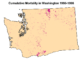  cumulative tree mortality inWashington from 1993 to 1998, showing somewhat less tree mortality throughout Washington forests