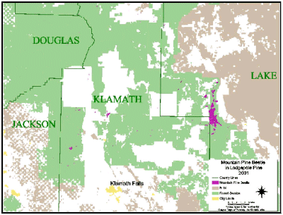 map of southcentral Oregon showing locations of MPB activity