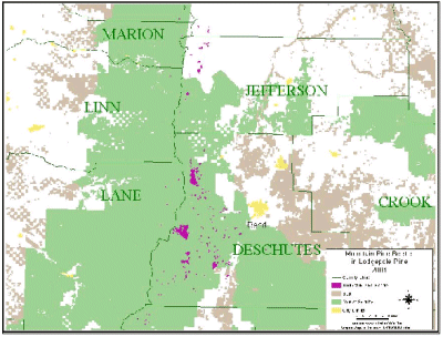 map of central Oregon showing locations of MPB activity