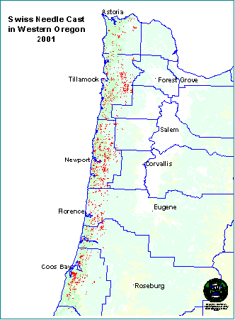 Western Oregon locations where Swiss needle cast was detected in 2001