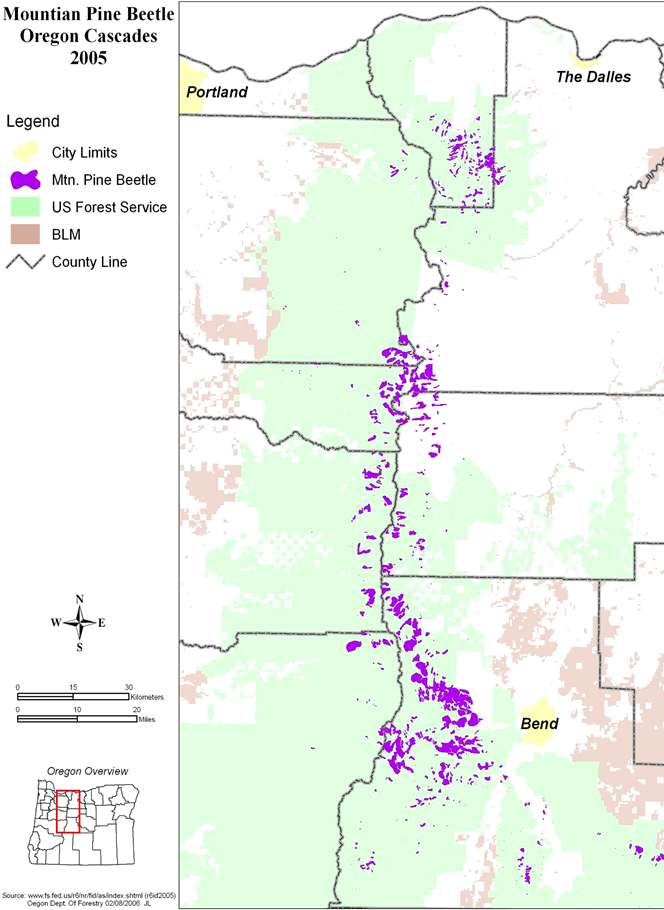 Map showing mountain pine beetle activity along the eastside of the Cascades from north-central to central Oregon.