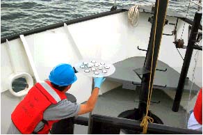 photo: Scientist puts out sampling plates at the bow of the R/V Lake Guardian to collect dry atmospheric deposition (dust particles)