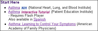 Screen capture of the Start Here category from the Asthma Health Topic page