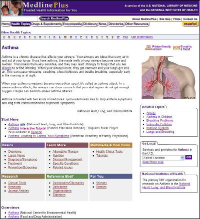 Screen capture of the new Asthma Health Topic page