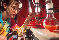 While monitoring a process for the extraction of flavonoids from berries, a technician checks the level of solvent. Link to photo information