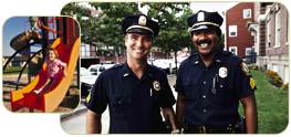 Photos of children playing on a slide and police officers on their beat.