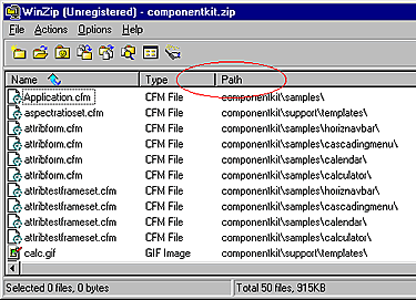 WinZip image: Note that the folder path for each item in the compressed file is shown on the far right.