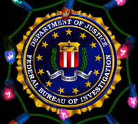 FBI seal surrounded by holiday lights