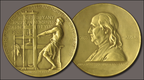 Image of a Pulitzer Prize medal awarded in 1928. Courtesy of Columbia University.