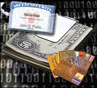 Collage of U.S. Currency, credit cards and a Social Security card