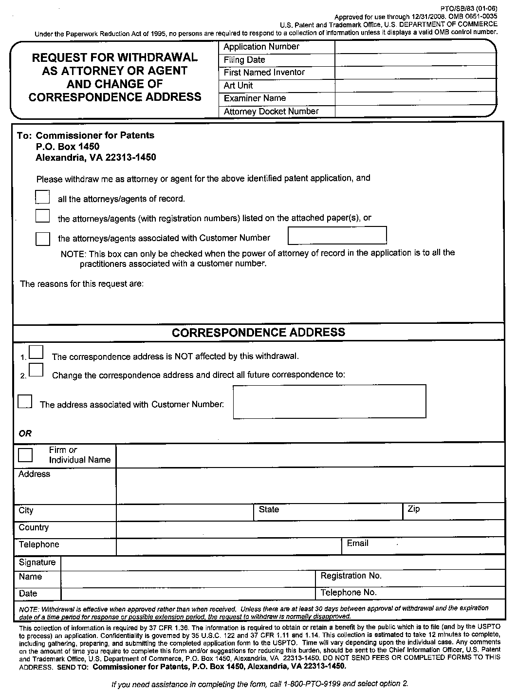 form pto/sb/83. request for withdrawal as attorney or agent and change of correspondence address