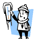 Cartoon image of man holding a Very cold thermometer