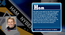 A close-up view of the name Ham on the STS-124 mission patch and a photo of Ken Ham