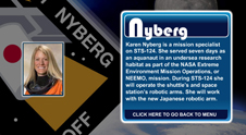 A close-up view of the name Nyberg on the STS-124 mission patch and a photo of Karen Nyberg