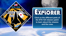 STS-124 mission patch with the names of the crew surrounding the space shuttle docked to the space station with the Kibo module attached