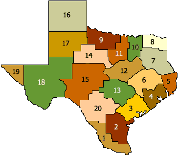State Map Divided into 20 Regions, reflecting the 20 regional education service center boundaries