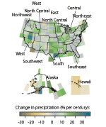 Thumbnail map of the United States, depicting precipitation trends from 1901-2005. The greatest increases in precipitation were in the East North Central climate region (11.6 percent per century) and the South (11.1 percent). Hawaii was the only region to show a decrease (-9.25 percent). Precipitation in the Northeast increased by 7.31 percent, in the Southeast by 2.96 percent, the Central United States by 7.91 percent, the West North Central by 2.96 percent, the Southwest by 1.47 percent, the West by 8.96 percent, the Northwest by 5.45 percent, and Alaska by 6.08 percent.