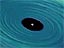Aqua green waves swirl around a single white dot surrounded by a black circle