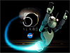 A robot flies by the NASA 50th Anniversary logo