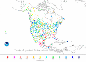 Map of trends of greatest 3-day total rainfall for North America
