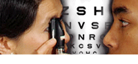 Photo of optometrist examining a patient’s eye using a direct ophthalmoscope.
