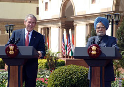 President George W. Bush and Prime Minister Manmohan Singh addressing a Joint Press Conference at Hyderabad House in New Delhi, March 2, 2006. State Department photo,