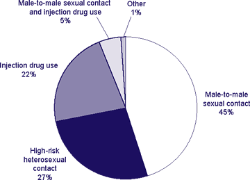 Transmission category for persons living with HIV, 2003
		
Male-to-male sexual contact and injection drug use 5%
Injection drug use 22%
Male-to-male sexual contact 45%
High-risk heterosexual contact 27%
other 1%