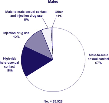 Transmission category for persons with a new HIV diagnosis in 2006
		
Males
Male-to-male sexual contact and injection drug use 5%
Injection drug use 12%
Male-to-male sexual contact 67%
High-risk heterosexual contact 16%
other <1%
no. = 25,928