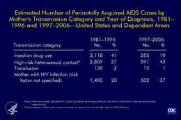 Slide 2: Reported AIDS Cases in Children <13 Years of Age by Transmission Category, 2006 and Cumulative United States and Dependent Areas

Since the beginning of the epidemic, the proportional distribution of HIV transmission categories for the mothers of children with perinatally acquired AIDS has changed.

From 1997 through 2006, 43% of the mothers were exposed to HIV through high-risk heterosexual contact, and 19% through injection drug use. Thirty seven percent did not specify a transmission category.

From 1981 through 1996, a larger proportion (41%) of women were infected through injection drug use, and a smaller proportion (37%) were infected through high-risk heterosexual contact. However, it is likely that some proportion of the women without a specified risk factor were exposed through high-risk heterosexual contact.